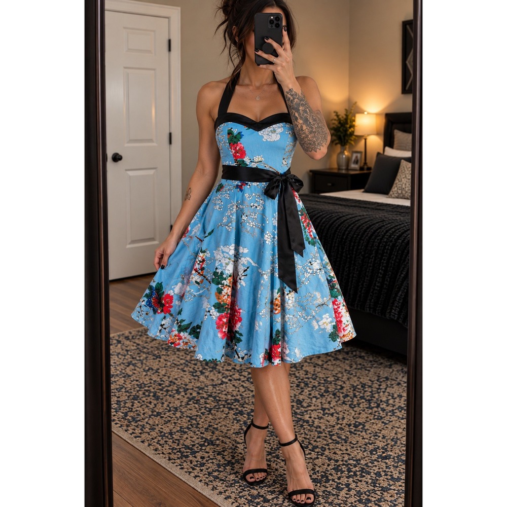 Vid 119 Dress Tells XL Blue Floral Halter Dress Retro Pinup Rockabilly Fit